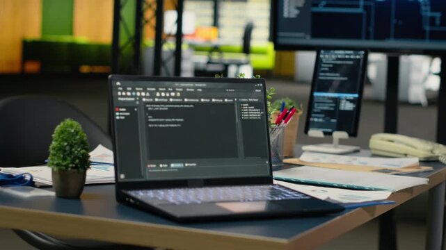 Close up of laptop AI program in empty Silicon Valley company office used to optimize systems performance. Notebook in tech agency workplace using artificial intelligence to automate tasks, camera B