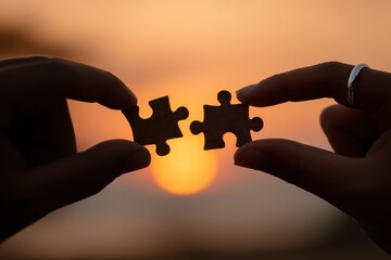 Two hands, one with a ring, carefully aligning textured puzzle pieces, framed by a dramatic sunset backdrop, conveying a mood of collaboration and unity