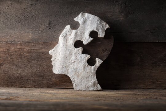 Rustic wooden background with a textured white paper head silhouette, jigsaw piece missing, soft diffused light, symbolizing mental clarity and introspection