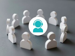 Customer support icon with headset surrounded by white wooden figures
