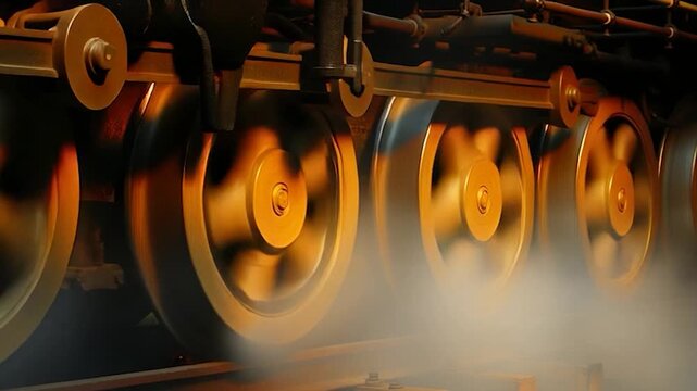 Close-up of a steam locomotives wheels in motion, emitting smoke and steam, showcasing the power and mechanics of the train.