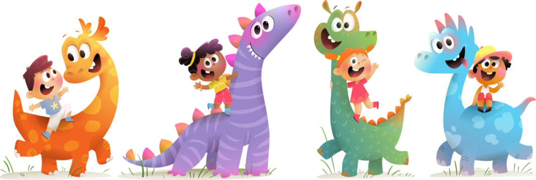 Happy children boys and girls playing with dinosaur friends. Kids and funny imaginary dino creatures joyful friendship. Colorful cartoon characters collection. Vector illustration clip art collection.