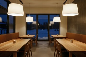 Modern dining area with wooden tables and benches, illuminated by pendant lights, overlooking a snowy outdoor scene at night