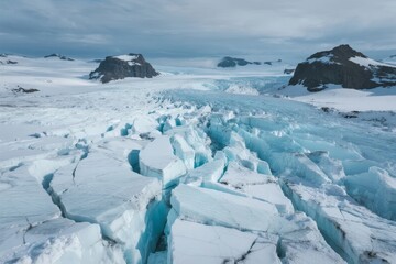 Glacial ice formations with deep crevasses and snow-covered mountains in a polar landscape