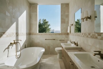 Modern bathroom with freestanding bathtub, double sinks, and large window offering natural light and outdoor view