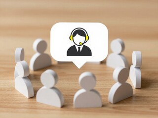Speech bubble with customer support headset icon above gray wooden figures