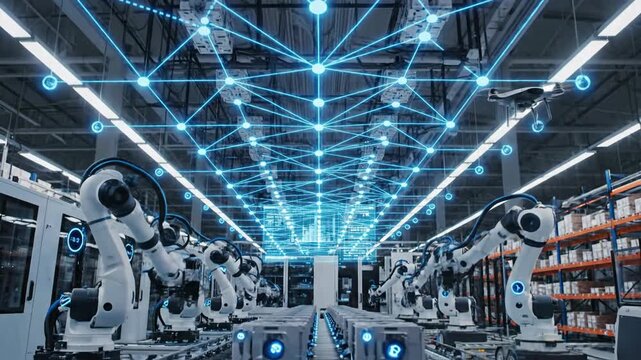 A lab with robotic arms, data display, and a drone under fluorescent lights, with a woman analyzing data