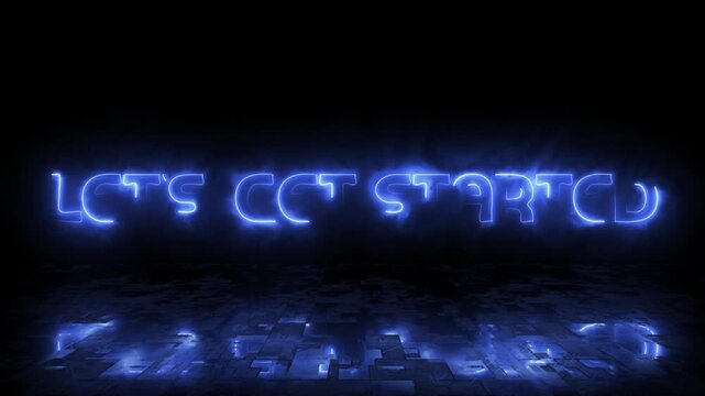Neon Blue &ldquo;Let&rsquo;s Get Started&rdquo; Glowing Text Animation on Dark Futuristic Floor Background