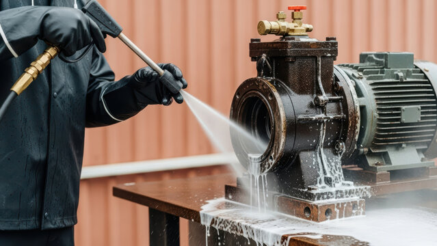 Industrial worker pressure washing large metal pump motor with foam removing grease and dirt on outdoor workbench, maintenance service cleaning heavy machinery equipment