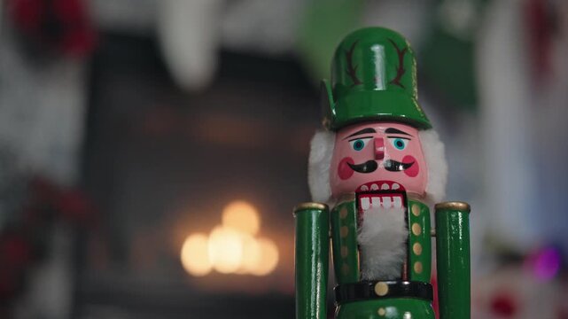 Christmas Nutcracker with a Fireplace in the Background 