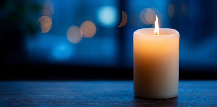 lit candle with soft glow against a blurred blue background - Powered by Adobe