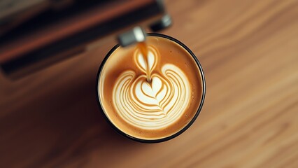 Close-up of a latte with intricate foam design being poured, coffee art process.