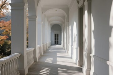 Long white colonnade with arched walkway and autumn foliage in background