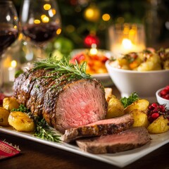 Close up of roast beef fillet on a festive christmas table surrounded by holiday decorations