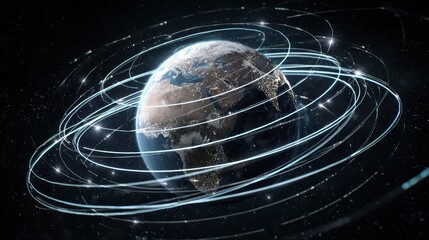 Earth surrounded by futuristic network rings representing global connectivity and advanced communication systems. 