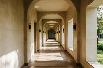 Long arched corridor with natural light and greenery visible through open sides