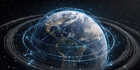 Earth surrounded by futuristic network rings representing global connectivity and advanced communication systems. --ar 2:1 --v 7 Job ID: 9238a828-b3f6-4104-a07f-64bb53927af2