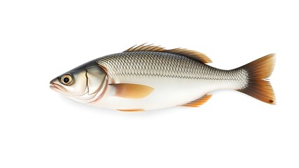 Single fresh sea bass fish isolated, food photography on white background.