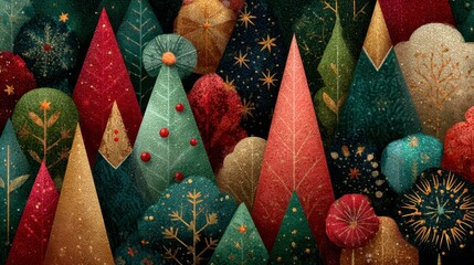Colorful Abstract Forest with Christmas Trees and Decorative Elements