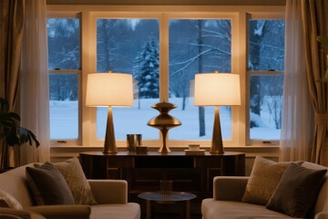 Cozy living room with warm lighting and snowy winter view through large windows