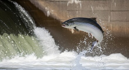 Obraz premium Wild Atlantic salmon leaping dynamically out of turbulent water near a concrete dam for migration and environmental ecology concept, symbolizing resilience