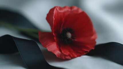 Vibrant red poppy flower with black ribbon on a soft, white background