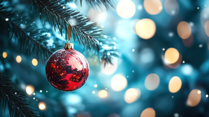Bright red bauble on blue frosted branch with glowing lights and copy space. Christmas winter ornament. Advertising, promotion, festive seasonal greeting cards, New Year holiday marketing backgrounds.