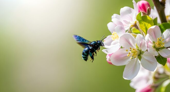 Vibrant iridescent mason bee flying towards apple blossoms in bright spring light for essential pollination and ecology concept