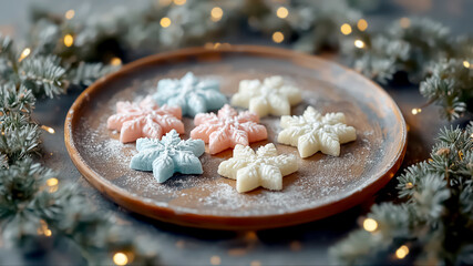 Pastel homemade Christmas or New Year candy in snowflake shapes with sugar snow on clay plate, fir branches and garland. Winter holiday sweets, cozy sweet dessert, festive design, culinary celebration