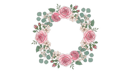 Elegant Watercolor Floral Wreath Illustration with Pink Roses and Eucalyptus Leaves, Perfect for Invitations and Decorations