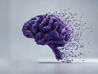 A conceptual image of a purple brain disintegrating