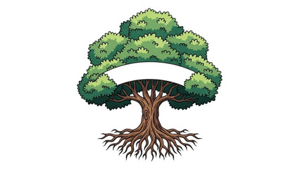 Vibrant green tree with flowing roots and blank banner for your text