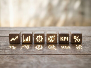 KPI projection icons on wooden cubes positioned precisely with shallow depth and clean minimal blurred background
