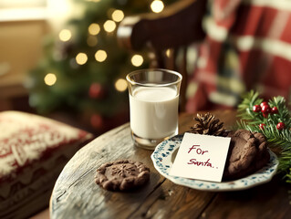 Warm and nostalgic Christmas scene. Glass of milk and cookies arranged for Santa on cozy wooden table. Glowing New Year lights. Holiday treat for Santa Claus. Seasonal festive family themed visuals.