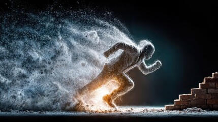 A person runs uphill towards success, surrounded by motion particles