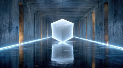 A futuristic geometric design: A cube illuminated by light in a mysterious tunnel, a creative rendering of abstract architecture 