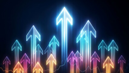 Glowing neon arrows upward growth success business concept