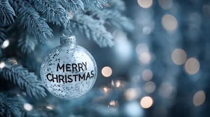 Elegant blue Christmas bauble with &ldquo;Merry Christmas&rdquo; text hanging on snowy fir branch, warm bokeh lights in soft background.