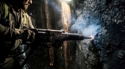 Miner drills into rock deep underground in a coal mine during day shift using a jackhammer, creating sparks and dust