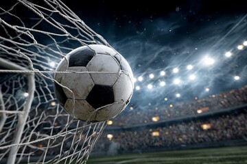 a soccer ball flies into the goal, a football gate with a white net against the dark background of a stadium filled with stands and fans, a sports concept. high-resolution, photorealistic image. 