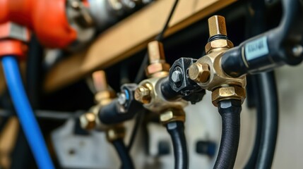 intricate close up of a modern plumbing system exhibiting brass fittings, black hoses and an intricate network of connecting pipes and valves