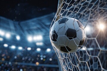 a soccer ball flies into the goal, a football gate with a white net against the dark background of a stadium filled with stands and fans, a sports concept. high-resolution, photorealistic image. 