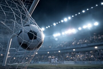 a soccer ball flies into the goal, a football gate with a white net against the dark background of a stadium filled with stands and fans, a sports concept. high-resolution, photorealistic image. 