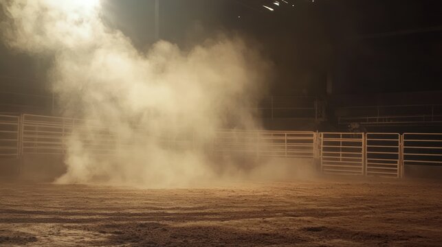 a dramatic rodeo arena ambiance with dust illuminated by overhead light casting an ethereal glow over the empty enclosure and barriers