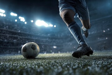 a soccer player kicking the ball on an open field, close-up of their feet and the football in action during a match at a stadium with spotlights. concept for a sports competition or team game event. 