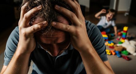 Stressed father holding head with a screaming child playing with toys in the background showing the challenges of parenting and mental health.
