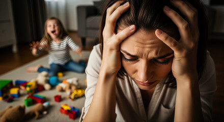 Stressed mother with hands on head in a messy living room with toys while her daughter screams in the background, depicting the challenges of parenthood.