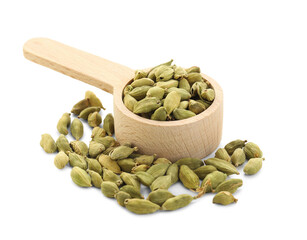 Wooden spoon with cardamom spice on white background