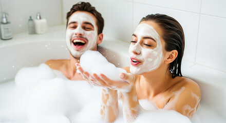 Playful couple with face masks blowing bubbles in a bathtub filled with soap, enjoying a spa day, wellness concept, and skincare routine.
