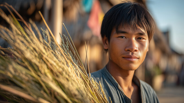 Young Lao Man Standing Beside Fresh Rice Stalks During Boun Khoun Khao Harvest Festival Portraying Rural Life, Agricultural Heritage, Cultural Identity, And Community Celebration In Laos
